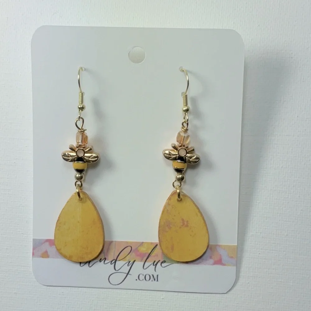 Golden Dangle Teardrop Statement Earrings with Bee Charm